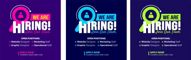 Vector illustration of We are hiring job vacancy social media post banner design template set. business concept of search and recruitment. join our team announcement lettering in speech. Vector Illustration.