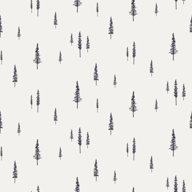 Spruce, fir trees minimal seamless pattern Spruce, fir trees silhouettes, minimal winter seamless pattern, black on gray background. Hand drawn vector illustration. Design concept for kids textile, fashion print, wallpaper, packaging. houses in antarctica stock illustrations