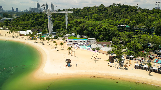 Sentosa Beach, Singapore. Aerial view of beach and coastline on a sunny day.