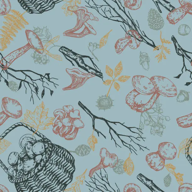Vector illustration of Autumn theme vector seamless pattern. Ornament of mushrooms, fallen leaves, bare branches, berries twigs. Hand drawn retro style design for background, wallpaper, decor.