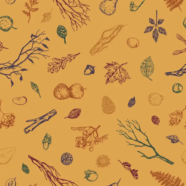 Vector illustration of Autumn theme vector seamless pattern. Ornament of fruits, fallen leaves, bare branches, berries, pine cones. Hand drawn retro style design for background, wallpaper, decor.