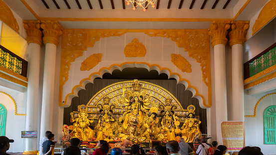 Howrah, West Bengal, India- 4th October, 2022 : Shibpur Mandirtala , beautiful illumination and decoration inside Durga puja pandal, Durga Puja is biggest festival of Hinduism. celebrated worlwide.
