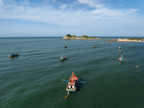 Drone view of fishing boat on the sea of Ke Ga, Binh Thuan province, central Vietnam