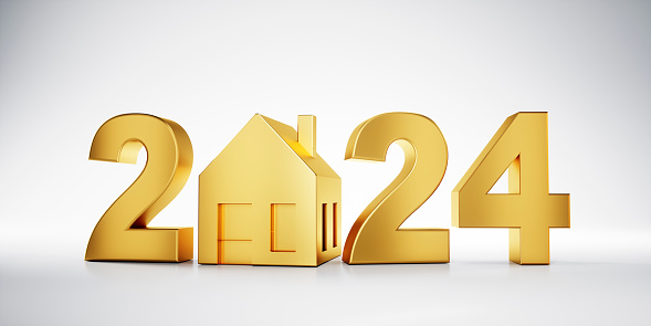Golden symbol house and year numbers 2024 on white background - 3D illustration