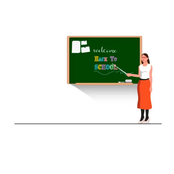 Vector illustration of Young Female Teacher In Front Of Blackboard,Female teacher with chalkboard with notebooks and stick. Back to school concept, teacher's day. Vector illustration