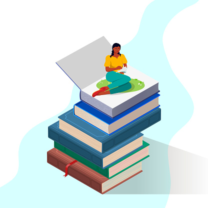 Vectro illustration of young girl reading book on lots of books,Education Related Vector Illustration. Flat Modern Design