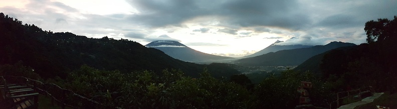 A panoramic view over Antigua, Guatemala at sunset