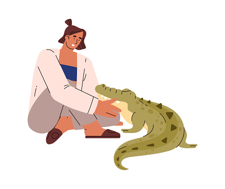 Happy woman cuddling with crocodile, flat vector illustration isolated on white background. Person owning reptile pet. Concepts of anima, nature and wildlife.