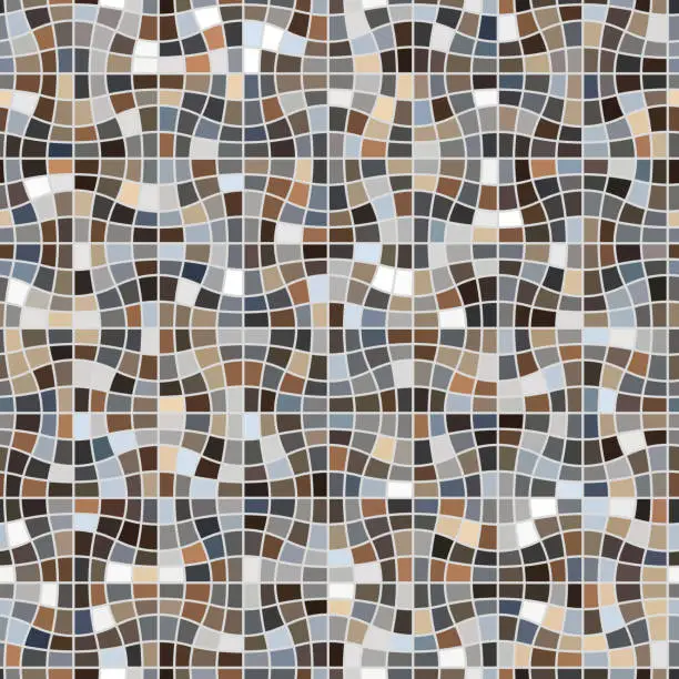Vector illustration of Checkered surface of multicolor squares on a white background. Wavy mosaic with brown and grey tiles. Seamless geometric pattern.