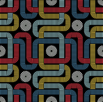 Decorative composition of intersecting dashed lines on a black background. Retro style labyrinth design. Seamless geometric pattern. Graphic texture for textile, wrapping,  and print.