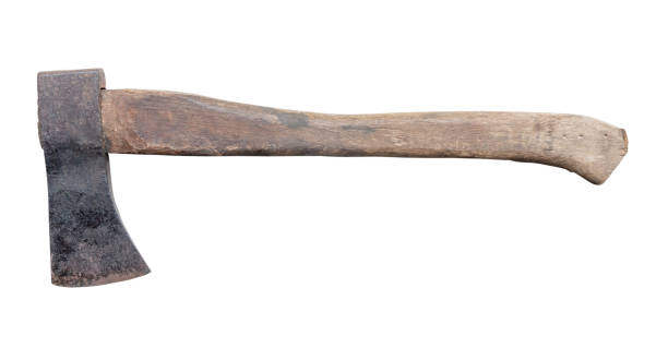 istock Old rust dirty dark gray axe with brown wooden handle isolated on white background with clipping path 1709919325