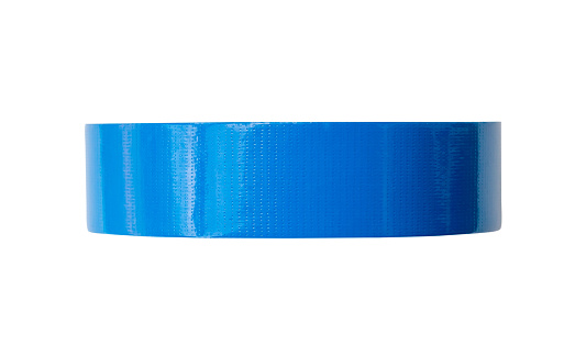 Top view photo of blue adhesive tape is isolated on white background with clipping path. Close up