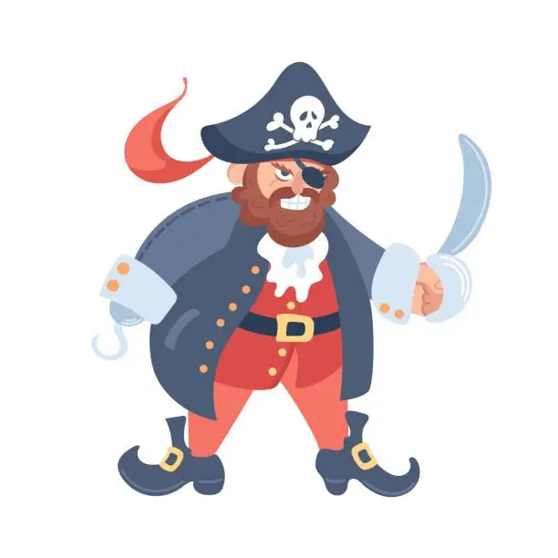 Vector illustration of Angry pirate character in a cocked hat with a saber. A hook instead of a hand. Cartoon vector illustration armed male bandit sailor, fantasy marine villain with sword. Jolly Roger, eye patch.