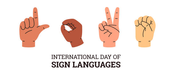 международный день жестовых языков, поздравительный плакат или баннер, плоская векторная иллюстрация на белом фоне. - sign language american sign language human hand deaf stock illustrations