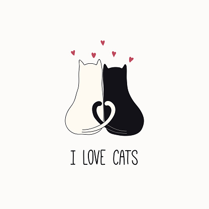 Hand drawn vector illustration of a cute funny cats together, hearts, with quote I love cats. Isolated objects on white background. Line drawing. Design concept for poster, t-shirt print.