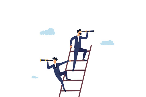 Business opportunity, achieving target concept, confident businessmen climbing stairs with binoculars looking for business idea. Illustration