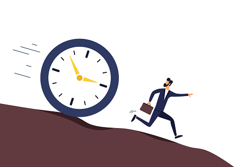 Clock chasing a male businessman, business time concept, countdown or time management concept. Illustration