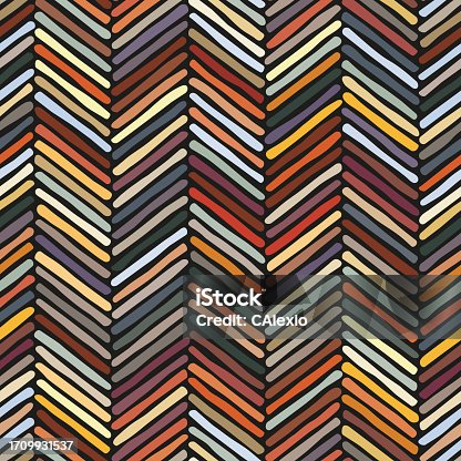 istock Seamless chevron pattern. Zigzag irregular diagonal stripes on a black background. Multicolor herringbone design. Hand draw style. 1709931537