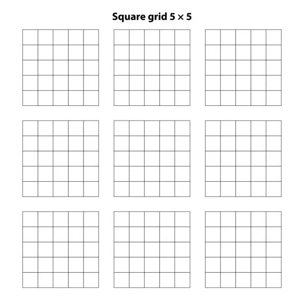 Vector illustration of Square grid with 5 by 5 9 squares, grid. texture background, vector illustration. White backdrop with abstract grid lines and black square lines.
