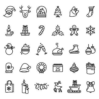 30 different line art Christmas icons isolated on white background. Each icon is on a different layer.