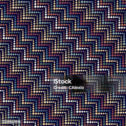 istock Seamless geometric striped pattern with zigzag dotted multicolored lines on a black background. Vintage style polka texture. 1709960918