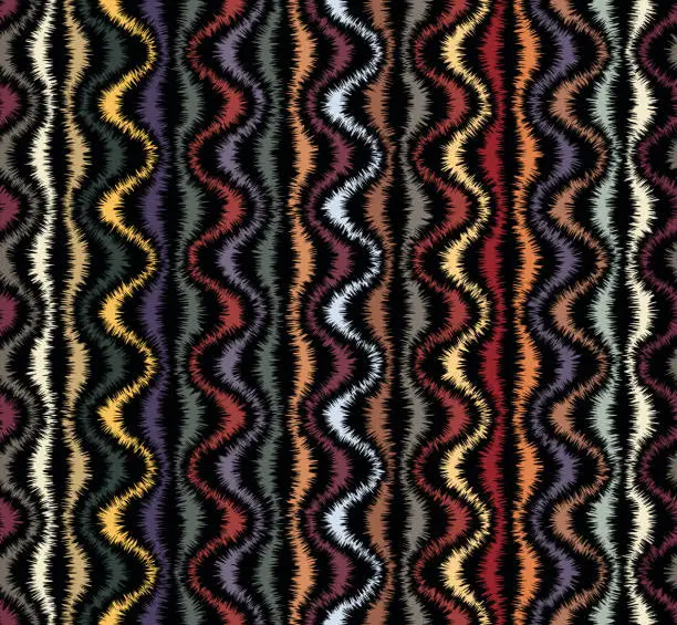 Vector illustration of Seamless geometric striped pattern. Embroidered multicolor wavy stripes on a black background. Vintage style texture.Vector image.