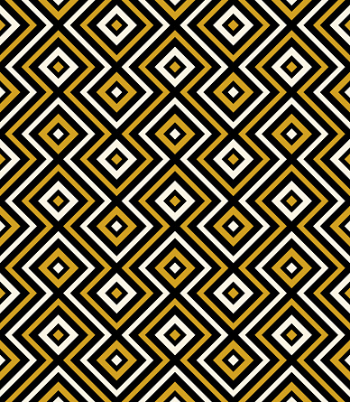 Seamless striped pattern. Zigzag lines and black, yellow, and white concentric squares. Geometric abstract background. Modern ethnic design. Vector illustration for fabric, textile, cloth, and print.