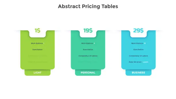 Vector illustration of Three abstract pricing tables, account versions or subscription plans with list of features to compare and choose. Simple infographic design template. Modern flat vector illustration for presentation.