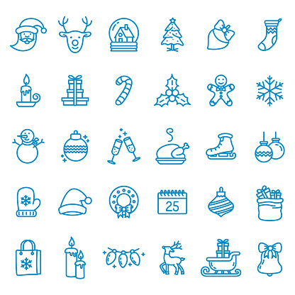 30 different blue coloured line art Christmas icons isolated on white background. Each icon is on a different layer.