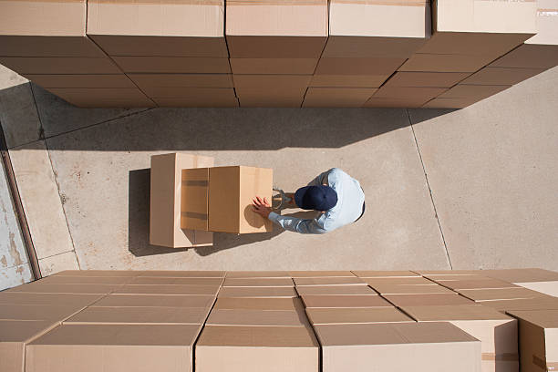 trabalhador de pé com caixas e carrinho de mão - distribution warehouse freight transportation messenger box imagens e fotografias de stock