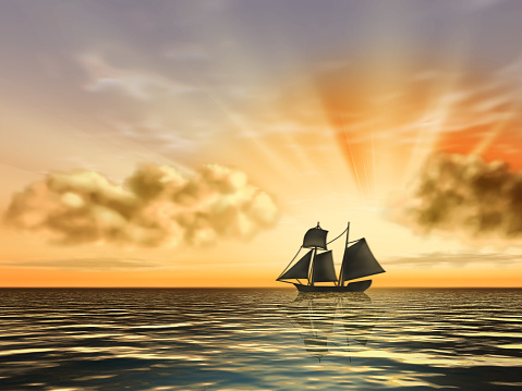 Sail-ship silhouette over a beautiful sunset. Digital illustration, 3D render.