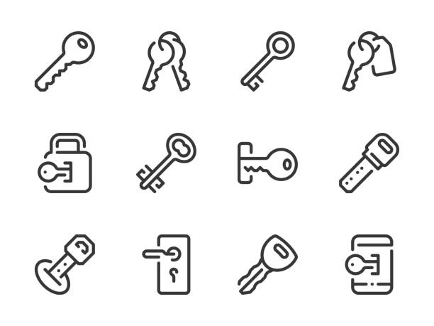 ilustraciones, imágenes clip art, dibujos animados e iconos de stock de iconos de línea vectorial de clave y acceso. - llave objetos de seguridad