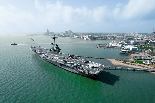 Corpus Christi, United States – May 05, 2023: An aerial view of the USS Lexington Museum by the Bay in Corpus Christi, Texas on a sunny day