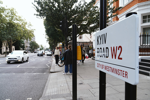 Kyiv Road, Bayswater Road, Westminster, London, UK - September 30, 2023\n\nA London street in Notting Hill Gate is being renamed ‘Kyiv Road’ for the first anniversary of Russia’s invasion of Ukraine. Kyiv Road is a symbol of solidarity with the Ukrainian people and a tribute to their unwavering spirit in the face of aggression. It is a reminder that the struggle of Ukraine has the attention of the international community. The photo was captured on the Road outside the Russian Embassy, between Palace Court and Ossington Street, renamed 'Kyiv Road'.
