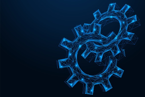Chain of interconnected links of gears. Polygonal design of lines and dots. Blue background.
