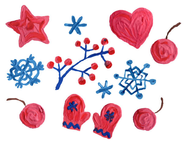 Christmas cute funny set. Hand painting acrylic, oil paints or gouache matte simple art. Doodle artistic kids style design holiday element on white. Brush strokes impasto texture christmas oil painting stock illustrations