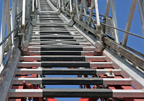 long metal ladder of the fire truck ladder during exercise