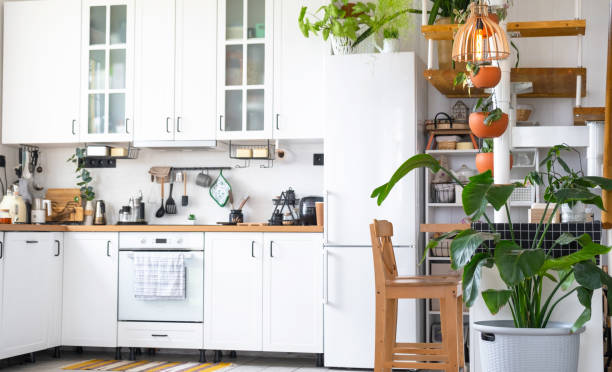 общий план светло-белой современной кухни в деревенском стиле с модульной металлической лестницей, украшенной горшечными растениями. инте - modular housing development home interior house стоковые фото и изображения