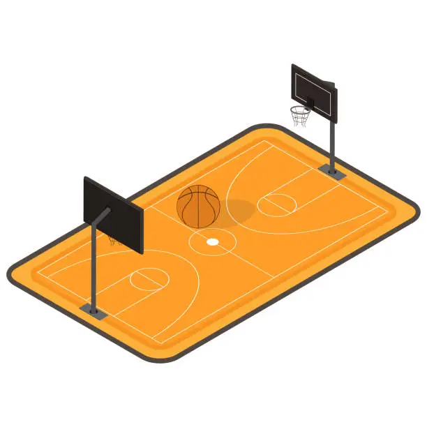 Vector illustration of Isometric Basketball Court with a Basketball and a Hoop on a White Background