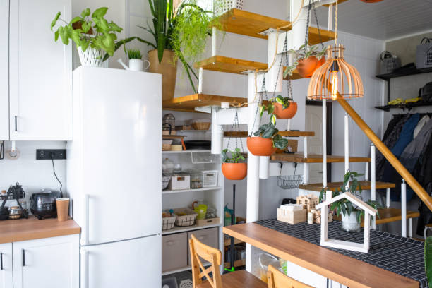 istock The general plan of a light white modern rustic kitchen with a modular metal staircase decorated with potted plants. Interior of a house with homeplants 1710132446