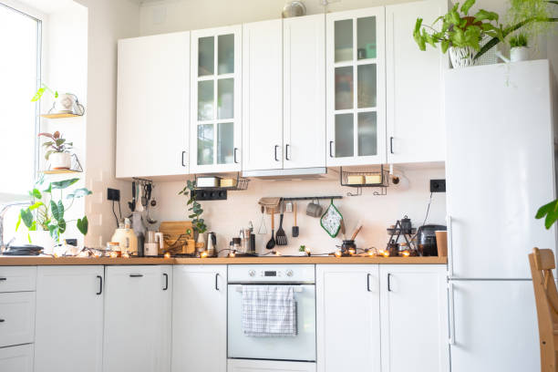 istock Light white modern rustic kitchen decorated with potted plants, loft-style kitchen utensils. Interior of a house with homeplants 1710132865