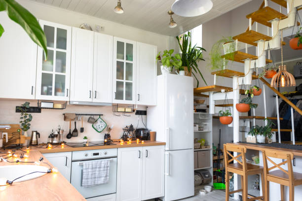 el plan general de una cocina rústica moderna de color blanco claro con una escalera metálica modular decorada con plantas en macetas. interior de una casa con plantas caseras - modular home interior residential structure housing development fotografías e imágenes de stock