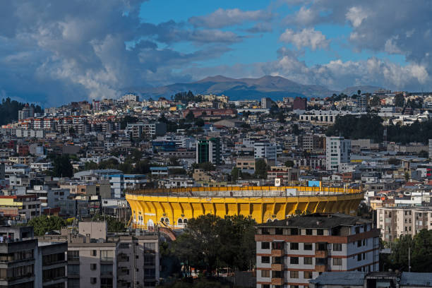 Cityscape of Quito city with ancient bullfighting arena, Quito, Ecuador.