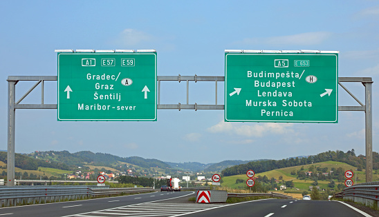large road signs in the crossroads to Austria or to Hungary with European place names