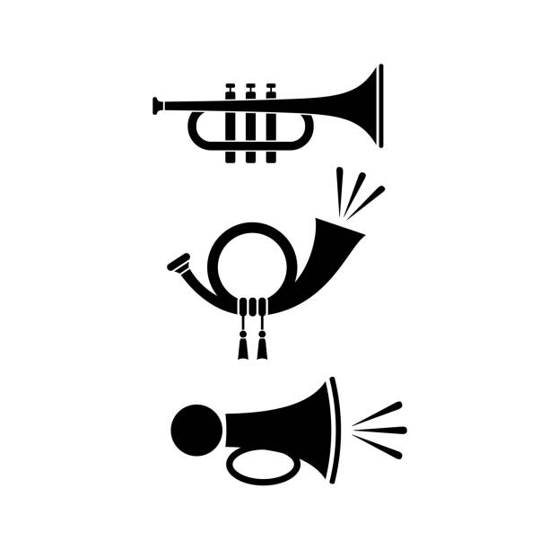 musikblasinstrument-symbole, laute klangsymbole - trumpet bugle cornet cartoon stock-grafiken, -clipart, -cartoons und -symbole