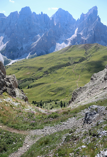 impervious rock gully and the path to get to the valley in the European Alps without people