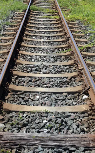 long iron train rail tracks to infinity with no people vertically