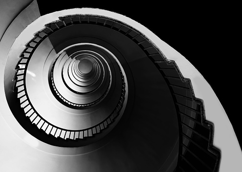 spiral staicase like a snail with perfect propotions of Golden Ratio in black and white