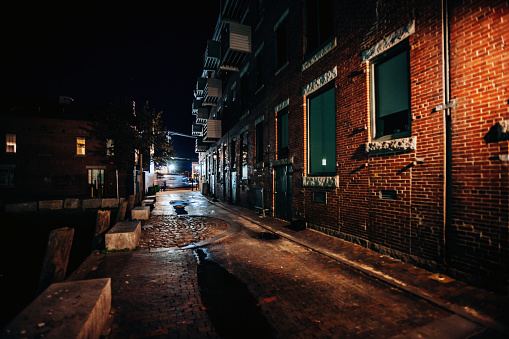 Dark alley in Old Port of Portland. Maine, USA