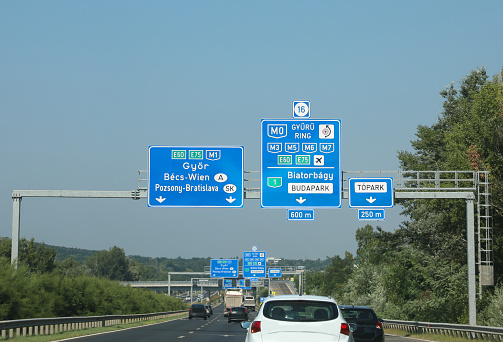 road signs on the highway with directions to places in Hungary and Austria in the local language